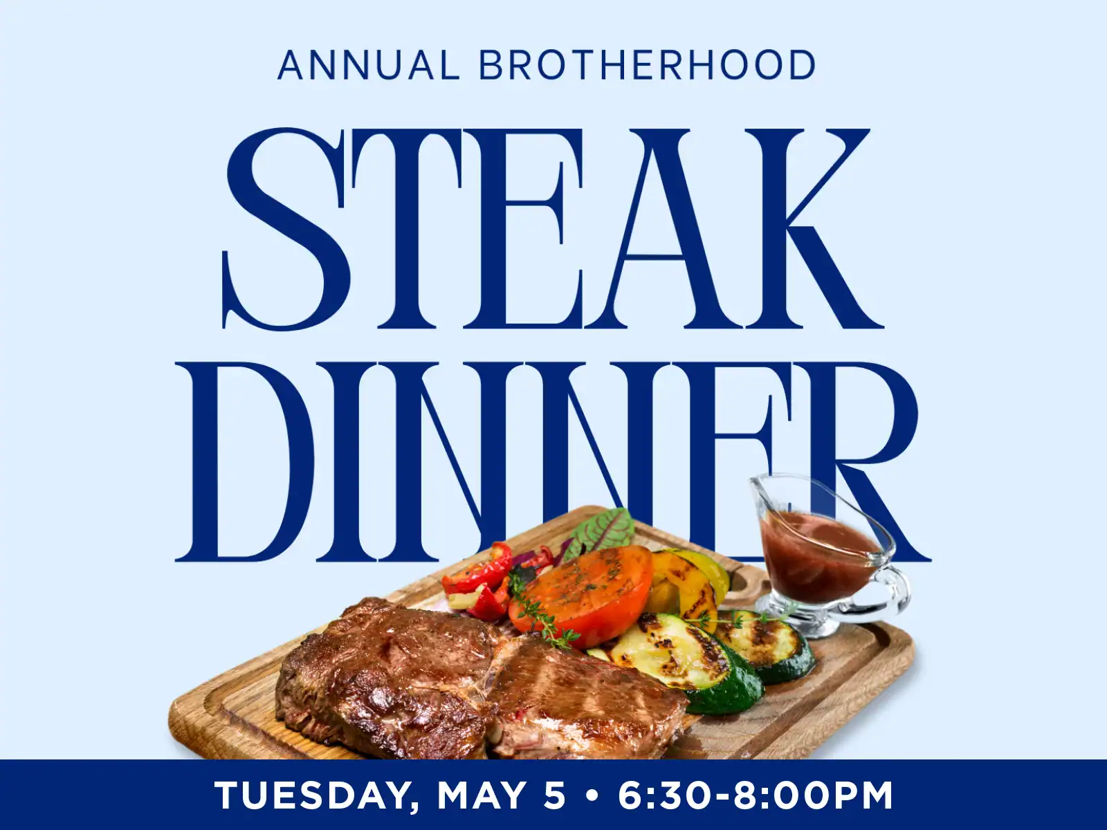 Steak dinner served with grilled vegetables and sauce on a wooden platter.