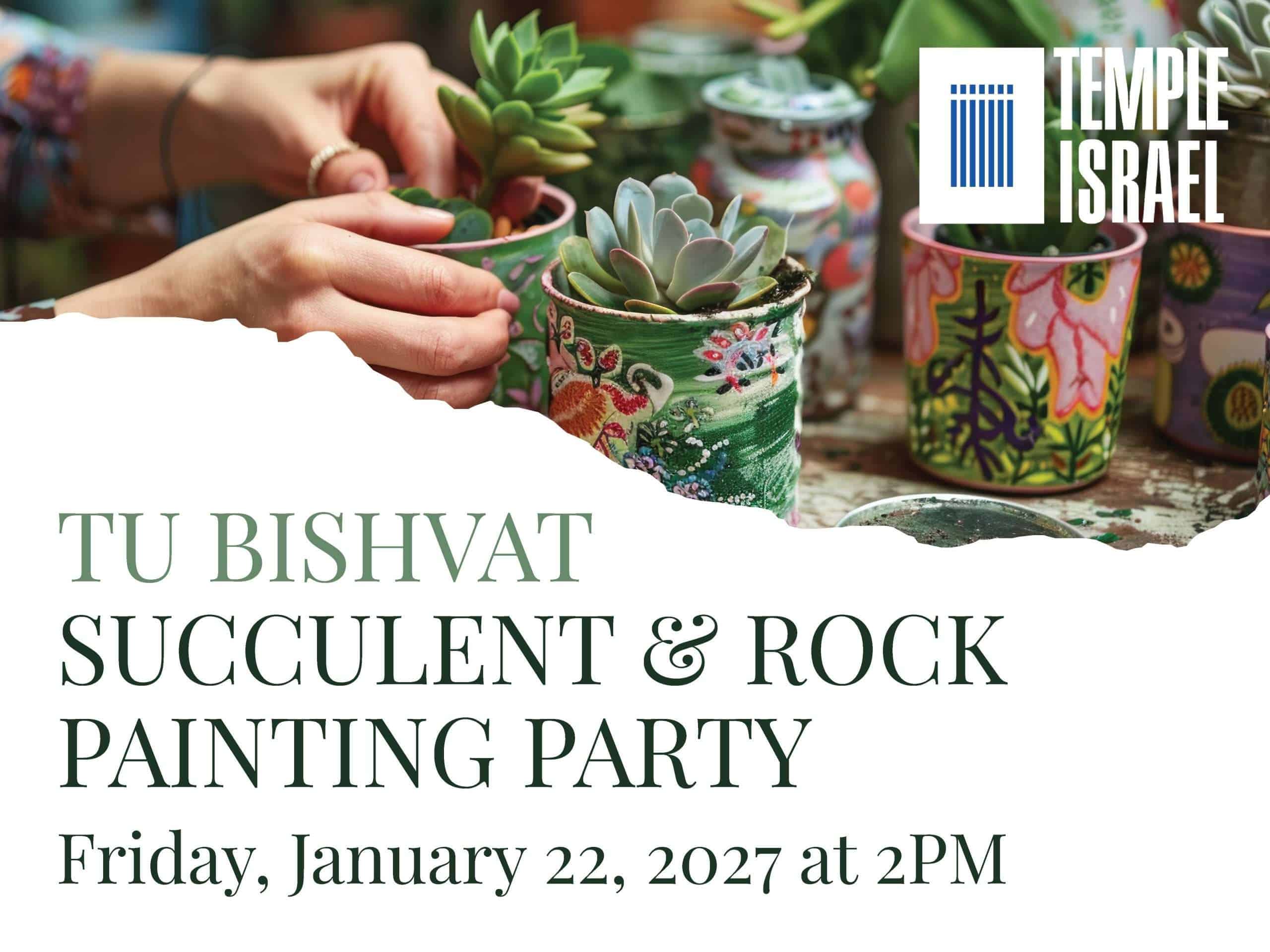 Succulent and rock painting party invitation with colorful pots and plants.