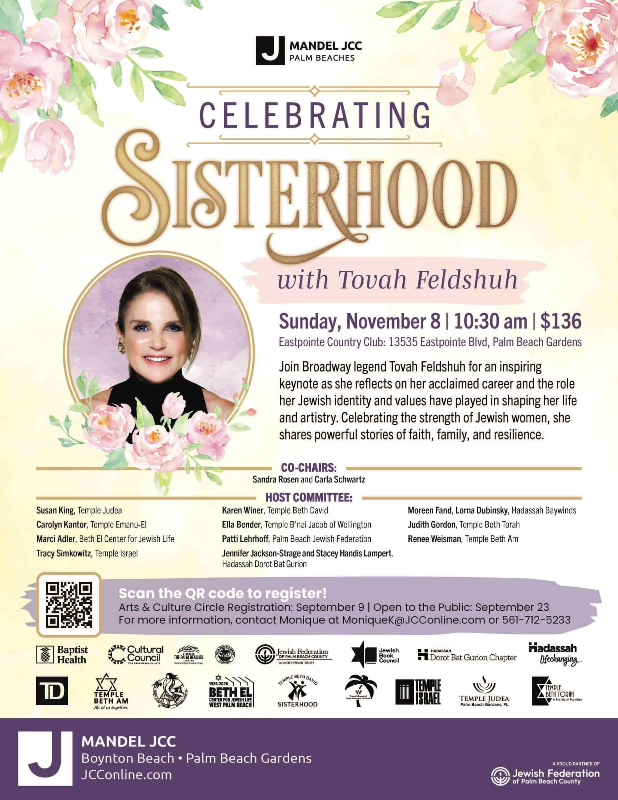 Event poster for Sisterhood celebration featuring Tovah Feldshuh at Mandel JCC Palm Beaches.