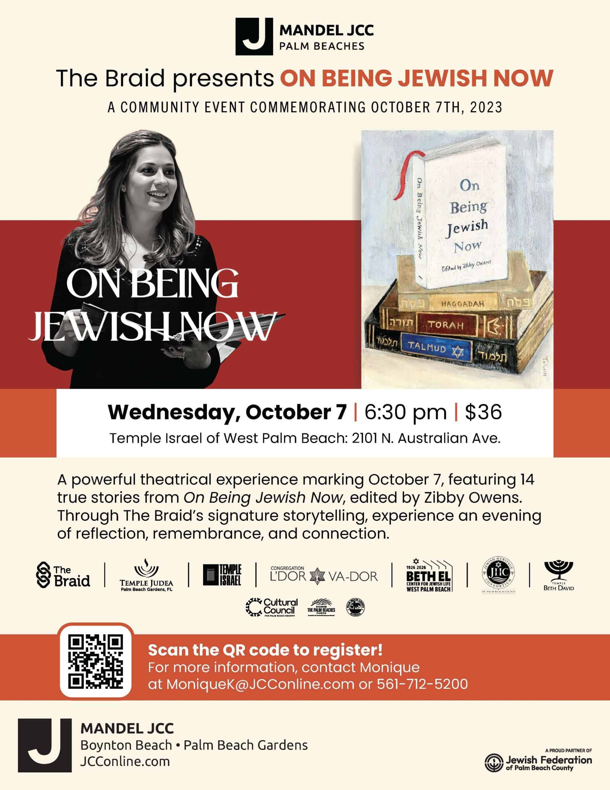 Poster for 'On Being Jewish Now' event at Mandel JCC Palm Beaches.