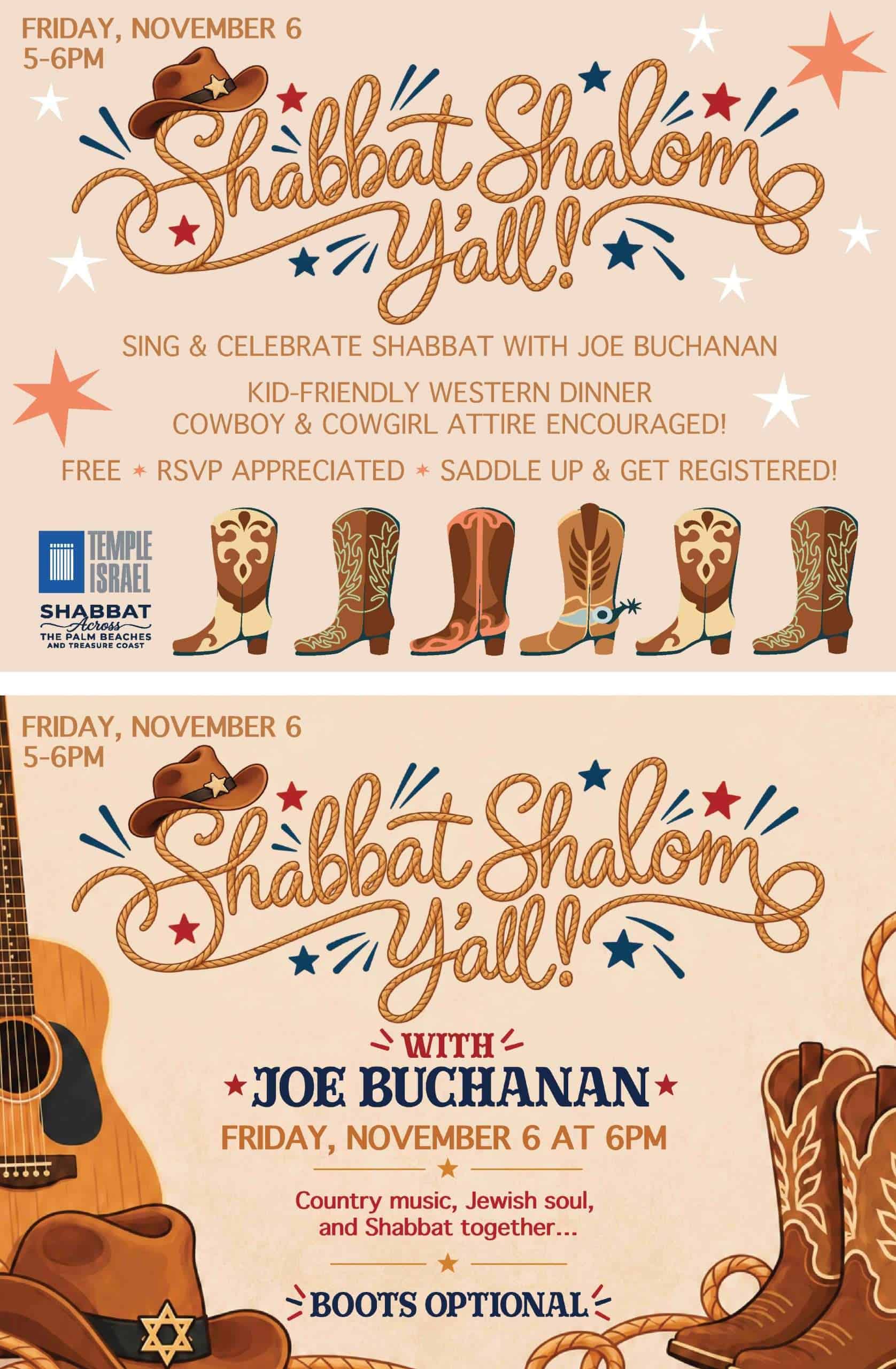 Celebration of Shabbat with Western dinner, cowboy attire, and live music on Nov 6.